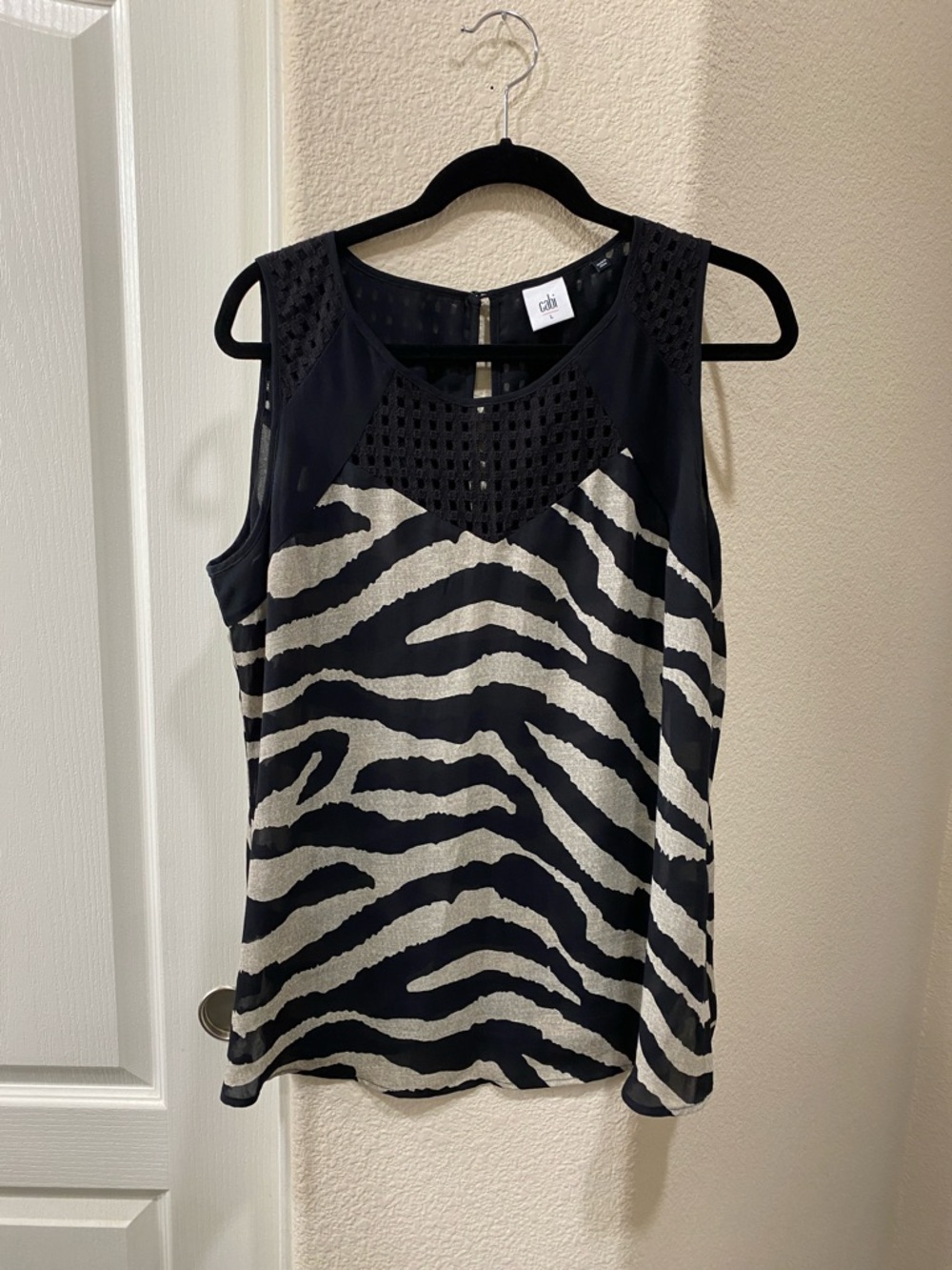 CAbi vintage  Black & Ivory Zebra-Print Crochet Yoke Sleeveless Top